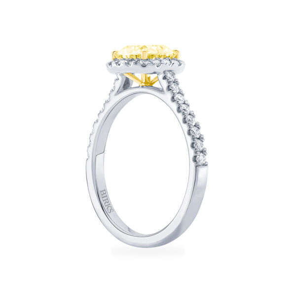 Cushion Cut Yellow Diamond Engagement Ring with Halo and Pav&eacute; Band